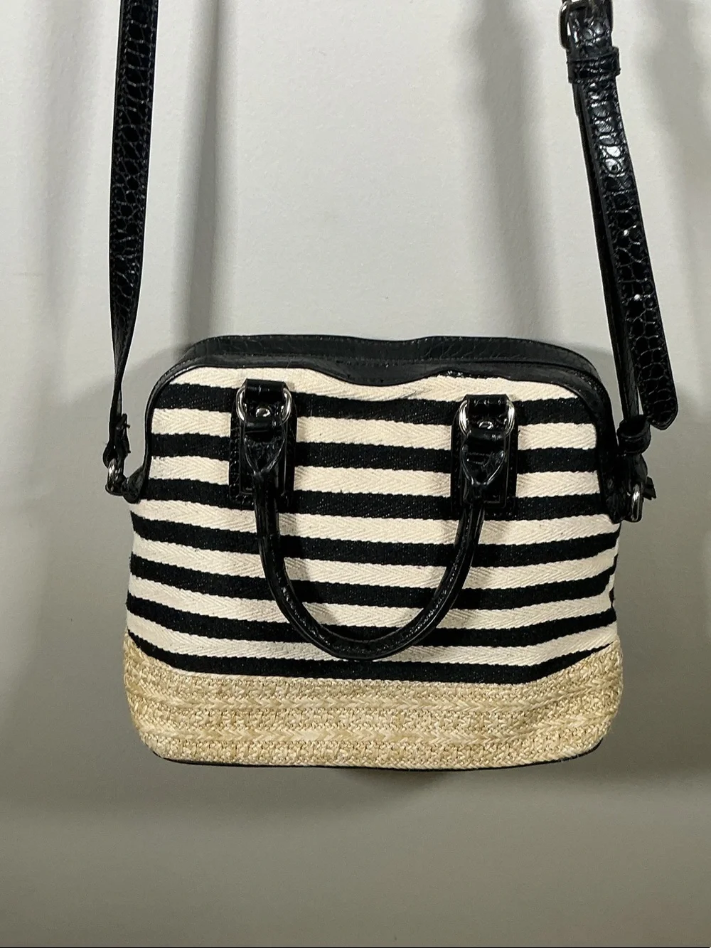 Dana Buchman Black White Straw Satchel Crossbody Bag Woven Top Handle Resort